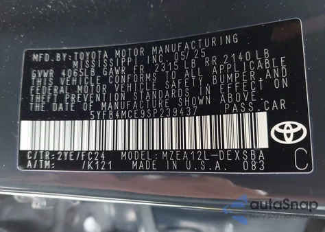 2025 Toyota Corolla Fx from USA, damaged, VIN 5YFB4MCE9SP239437